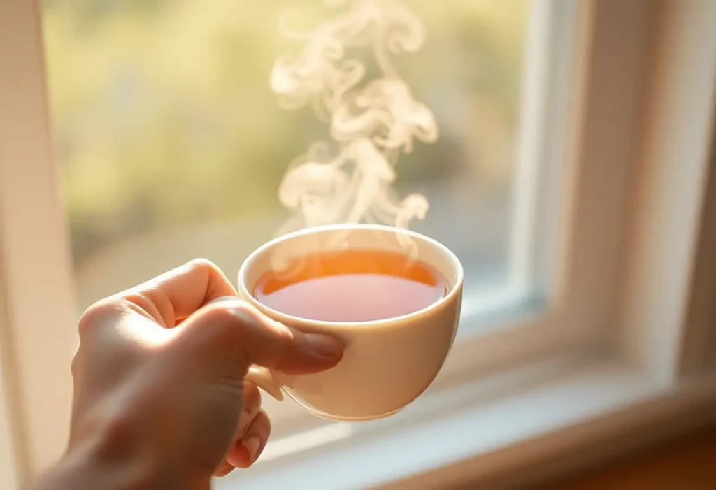 Une main tenant une tasse de thé herbeux chaude, éclairée par la lumière du soleil.