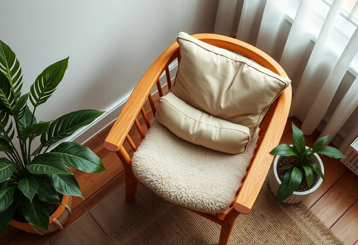Un fauteuil en bois dans un salon accueillant, ses coussins moelleux, une plante à côté ajoute de la verdure.