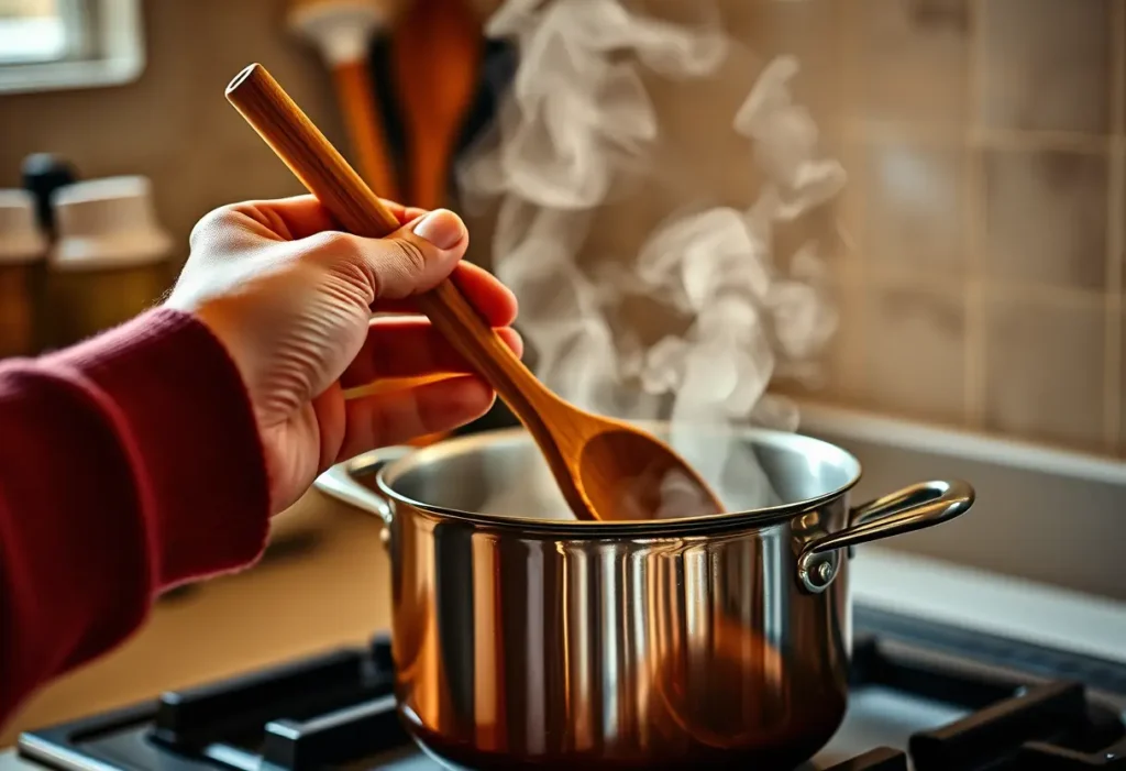 Une main tenant une cuillère en bois au-dessus d'une marmite bouillonnante, évoquant l'acceptation de soi.