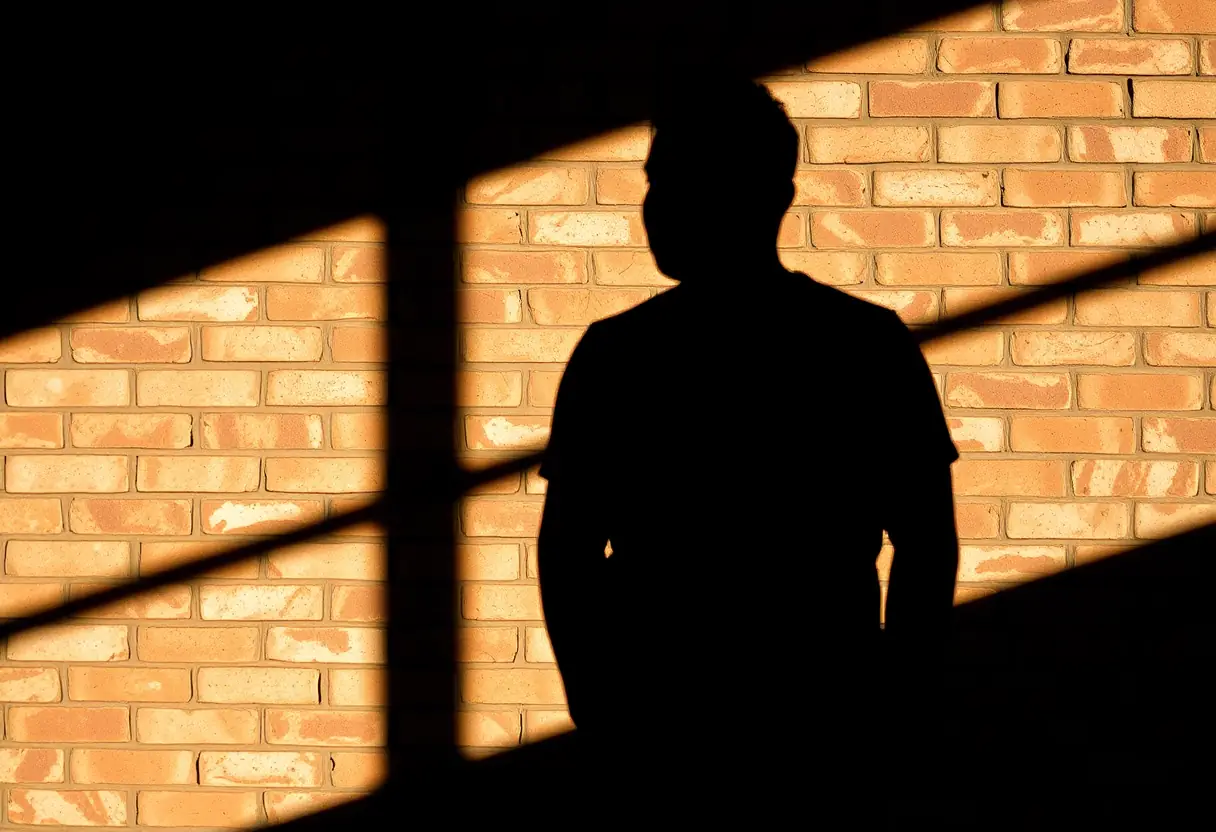 Un profil sombre contre un mur en brique, évoquant la bienveillance envers soi-même.