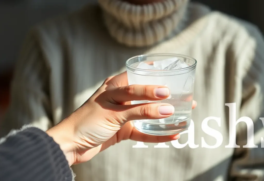Une main tient un verre d'eau glacée pour se rafraîchir.