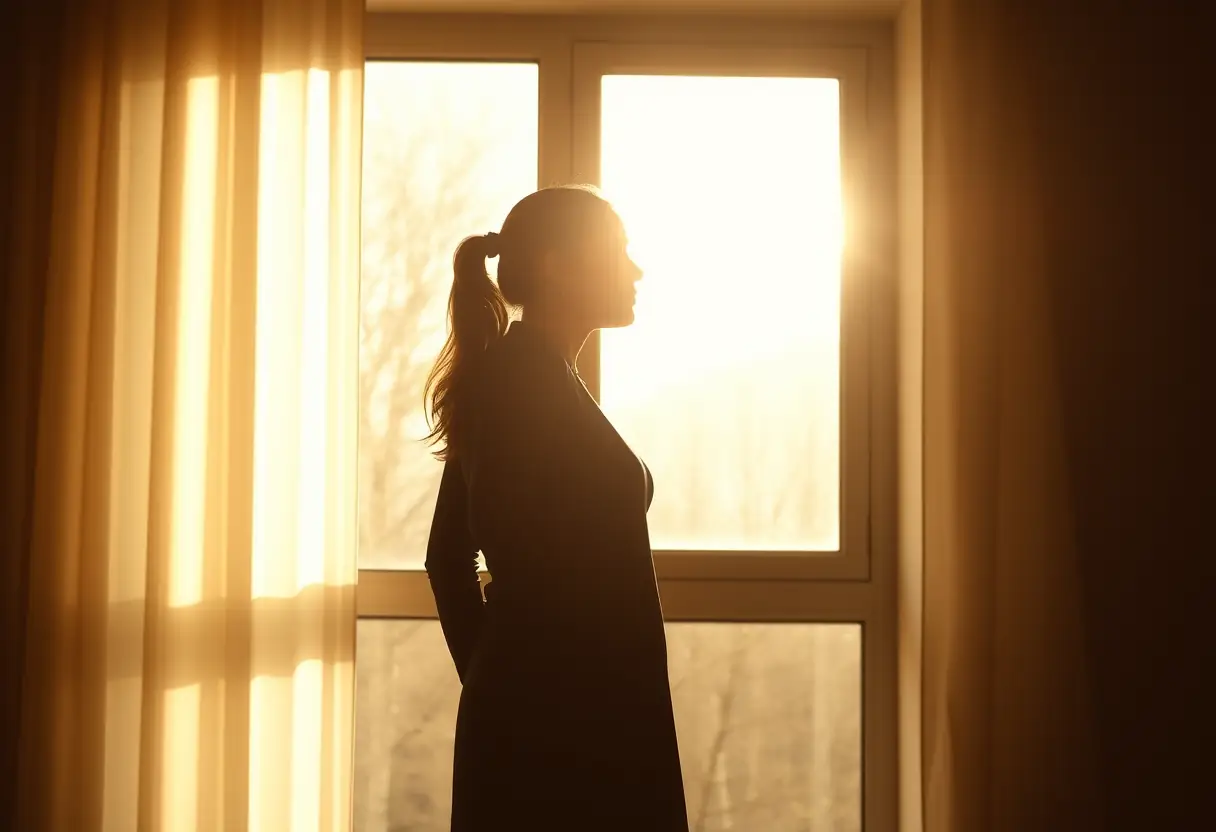 Un profil féminin près d'une fenêtre inondée de lumière solaire, symbole de chaleur et de confort.