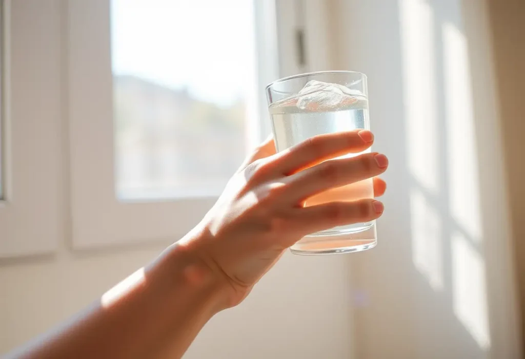 Une main tenant un verre d'eau froide pour apaiser les bouffées de chaleur