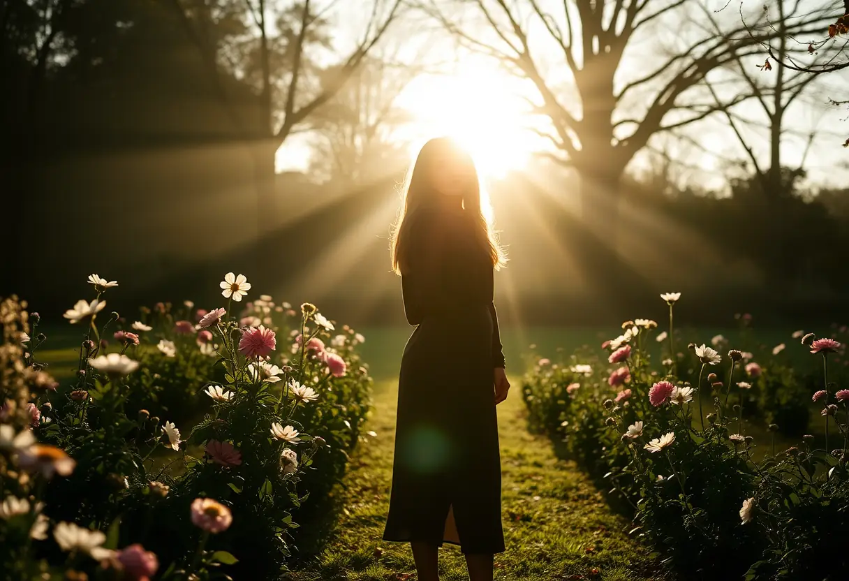 Un profil d'une femme dans un jardin fleuri à l'aube