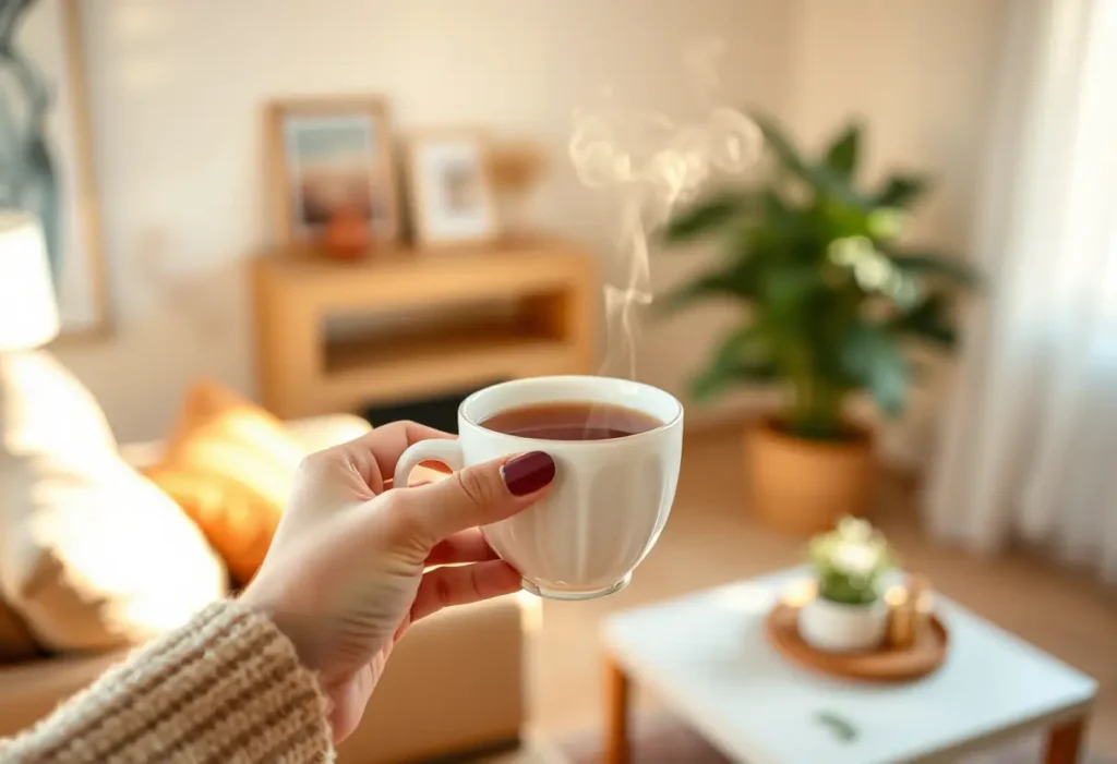 Main de femme tenant une tasse de thé herbeux, ambiance apaisante