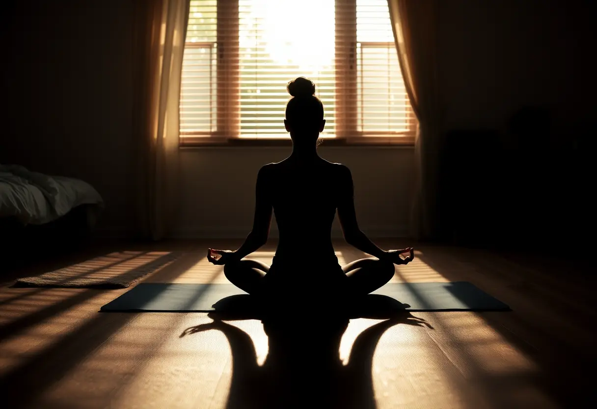 Silhouette de personne méditant sur tapis de yoga, lumière naturelle