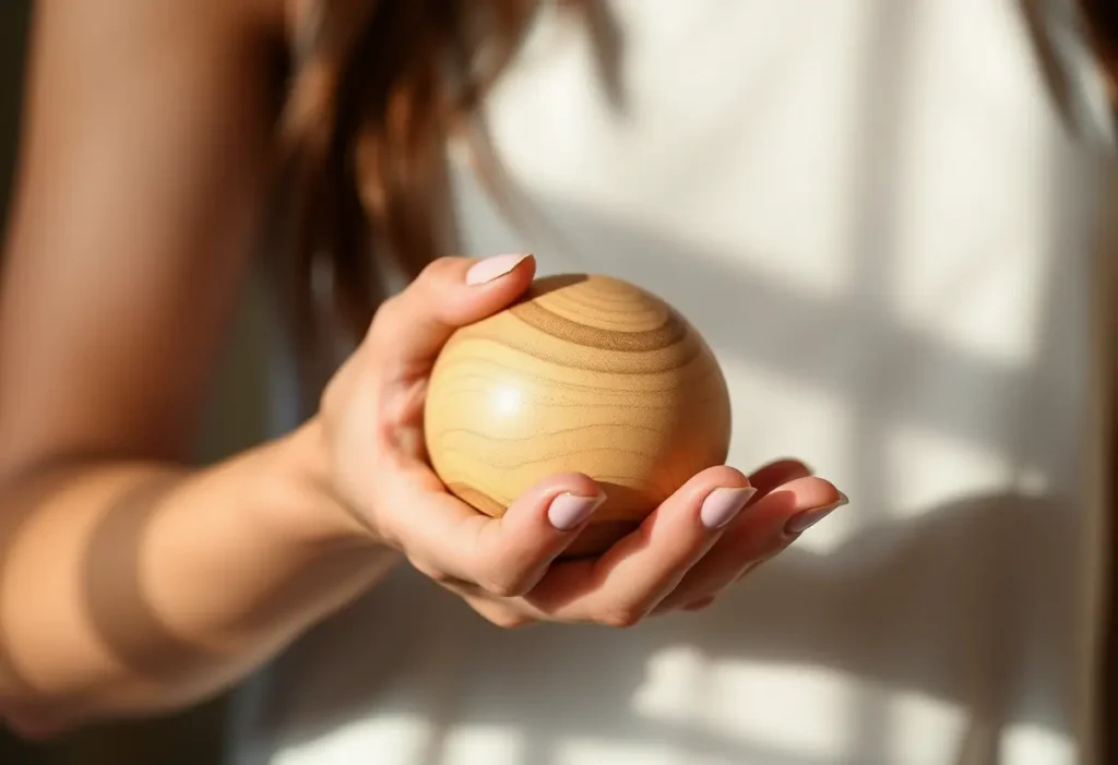 Main de femme tenant une boule en bois, lumières douces mettant en valeur la texture