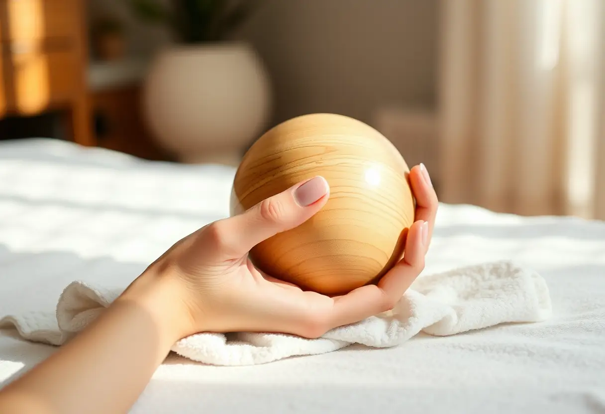 Main de femme tenant une boule en bois posée délicatement sur un linge en coton, éclairage naturel mettant en valeur la douceur et les courbes subtiles de l'objet.