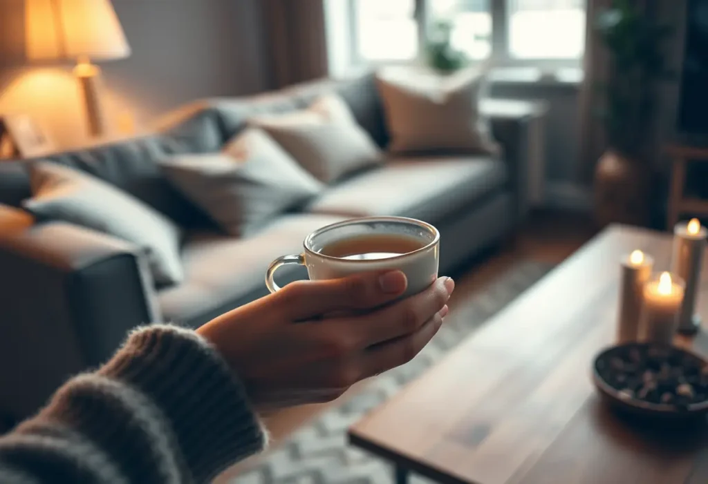 Une main tenant une tasse de thé chaud dans un salon accueillant, symbolisant le réconfort durant la période prémenstruelle.