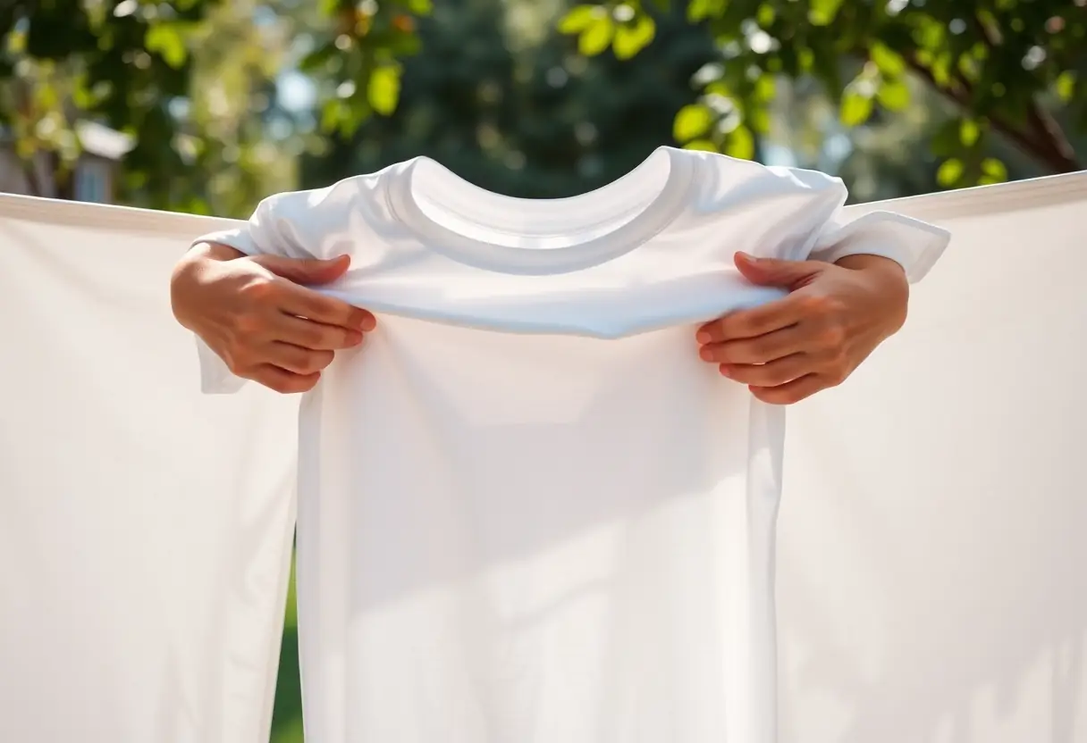 Des mains repliant un t-shirt blanc dans un jardin, représentant les gestes apaisants pour gérer le SPM.