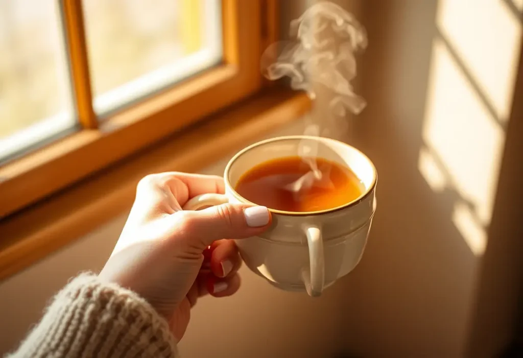 Une main tient une tasse de thé chaud, éclairée par la lumière naturelle.