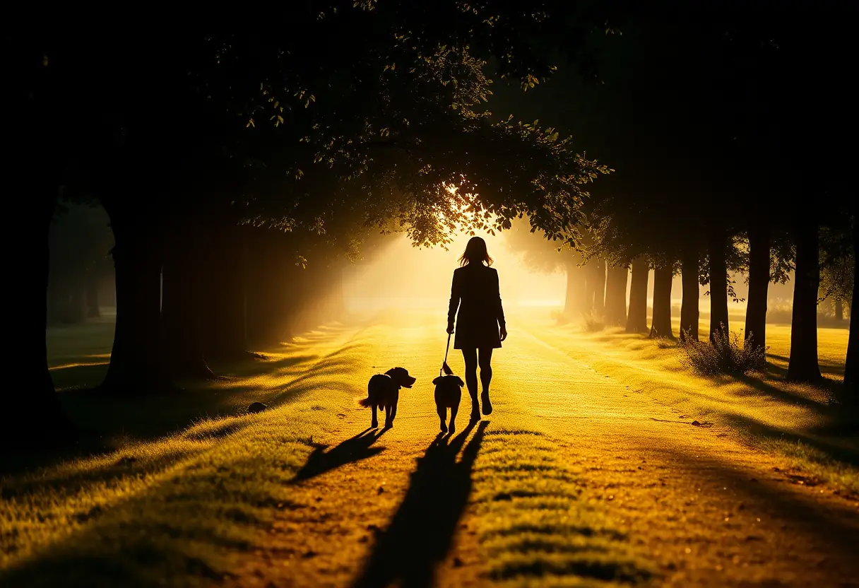 Un silhouette marche avec son chien sur un chemin ombragé le matin.