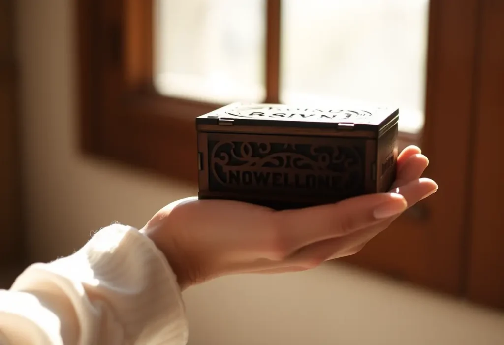 Une main féminine tient délicatement une boîte en bois avec des gravures subtiles