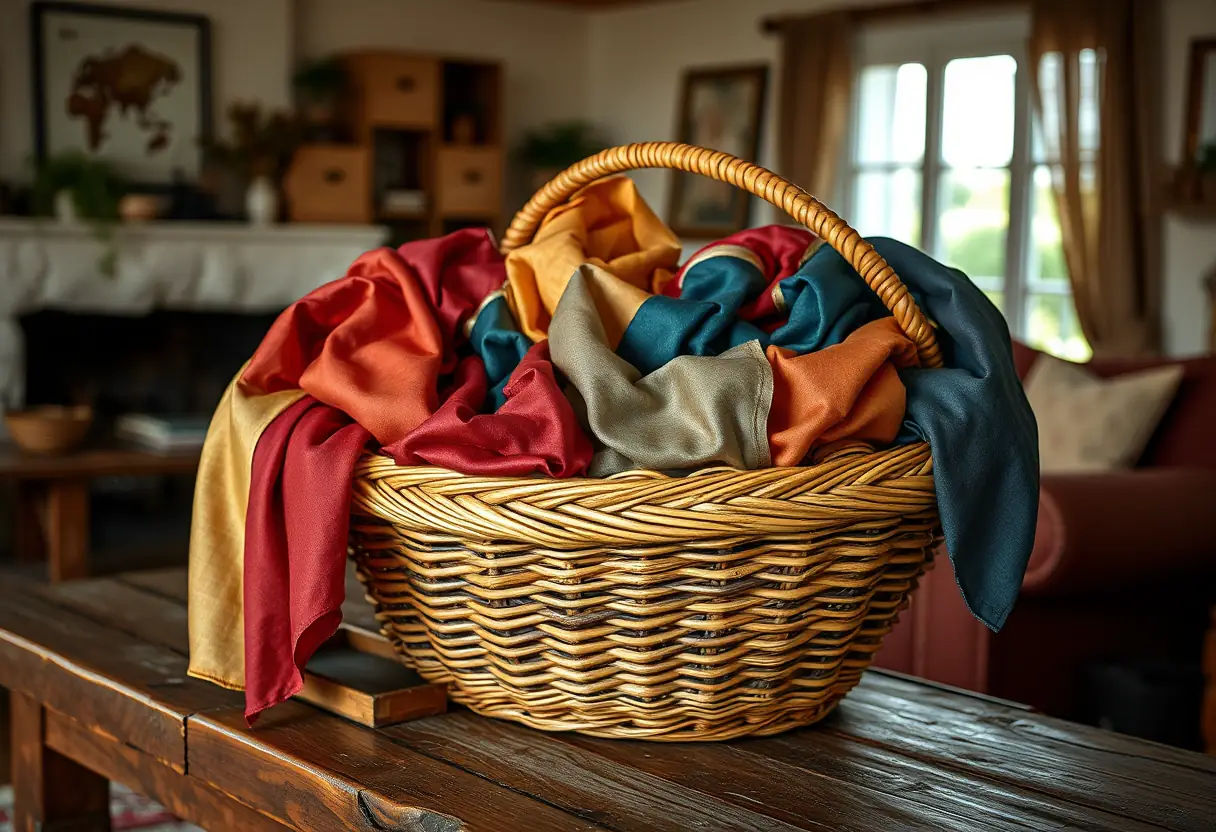 Un panier tressé rempli de foulards en soie colorés sur une table en bois dans un salon accueillant
