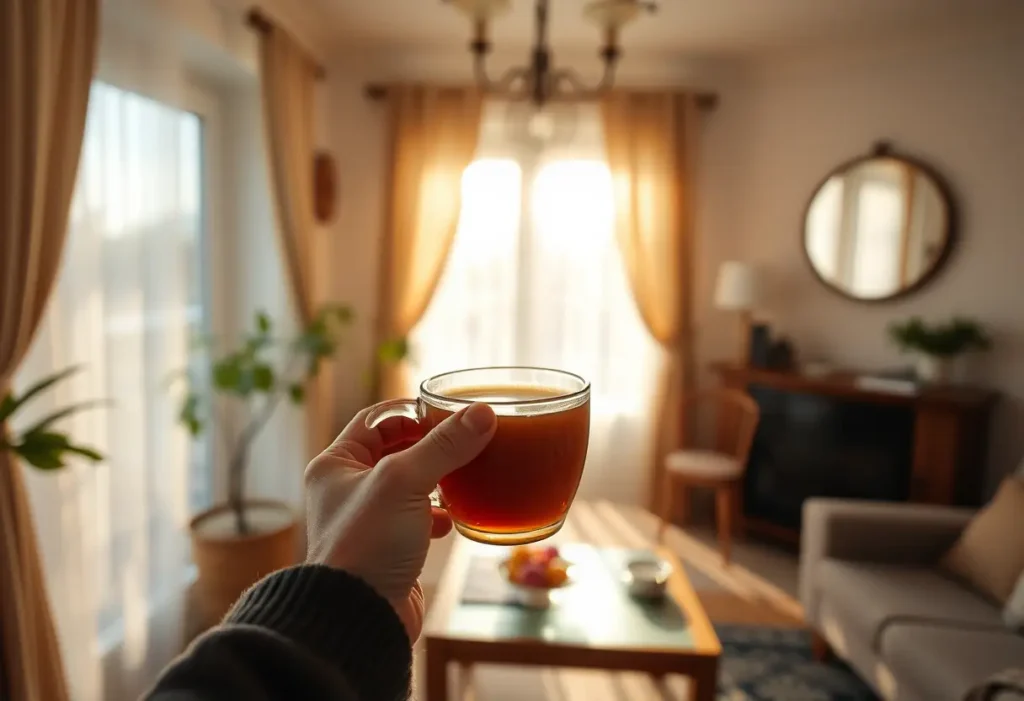 Une main tenant une tasse de thé chaud dans une pièce accueillante, lumineuse et apaisante