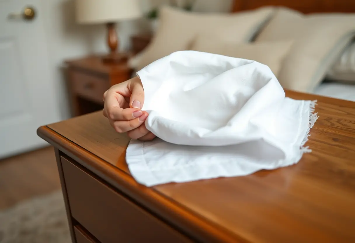 Des mains pliant délicatement un mouchoir en coton blanc sur une commode en bois dans une chambre calme