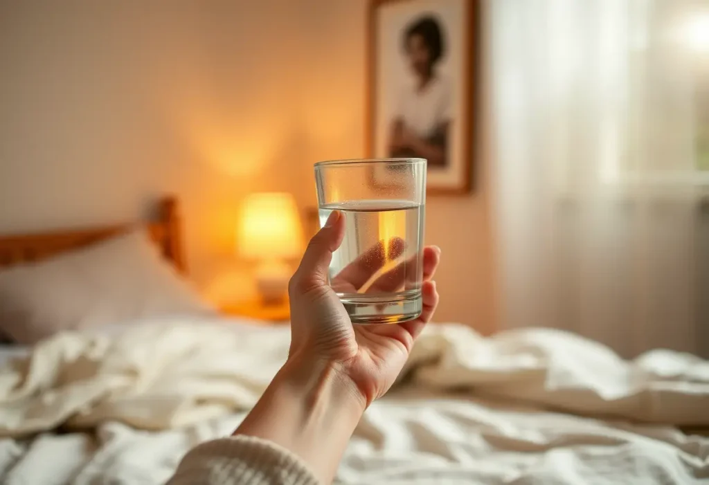 Une main tenant un verre d'eau dans une chambre douillette, éclairée par une veilleuse chaleureuse