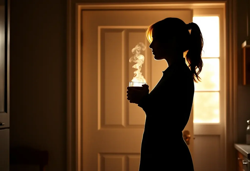 Un profil féminin se découpe contre un chambranle de porte blanche dans une cuisine baignée de lumière, tenant une tasse fumante de thé herboristerie.