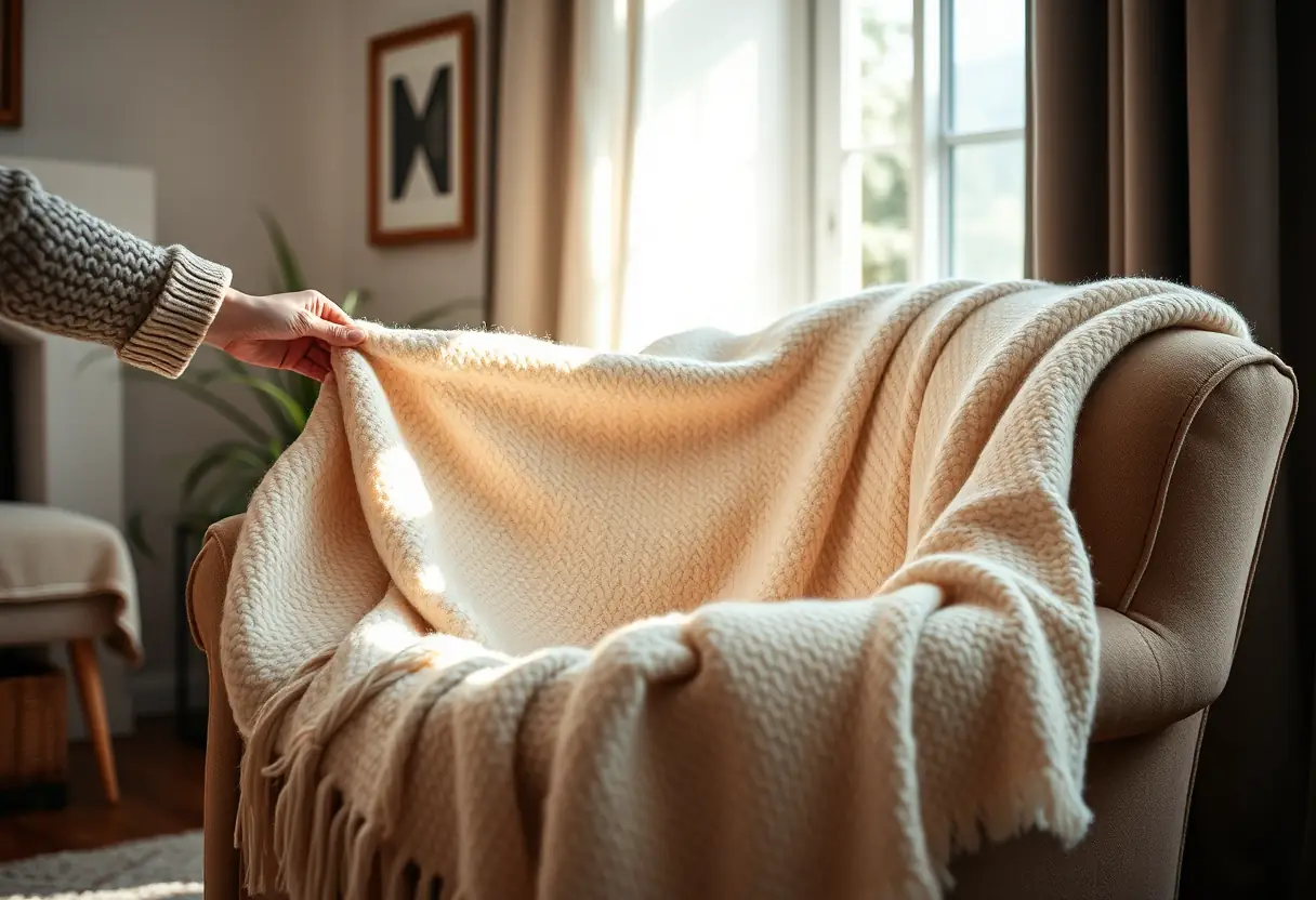 Une main féminine ajuste une couverture en laine posée sur un fauteuil moelleux dans un salon accueillant, éclairée par la lumière du jour.