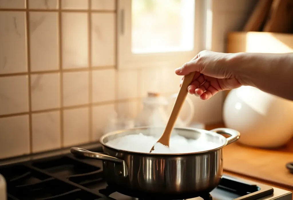 Main dans une cuisine, une cuillère en bois posée près d'une casserole