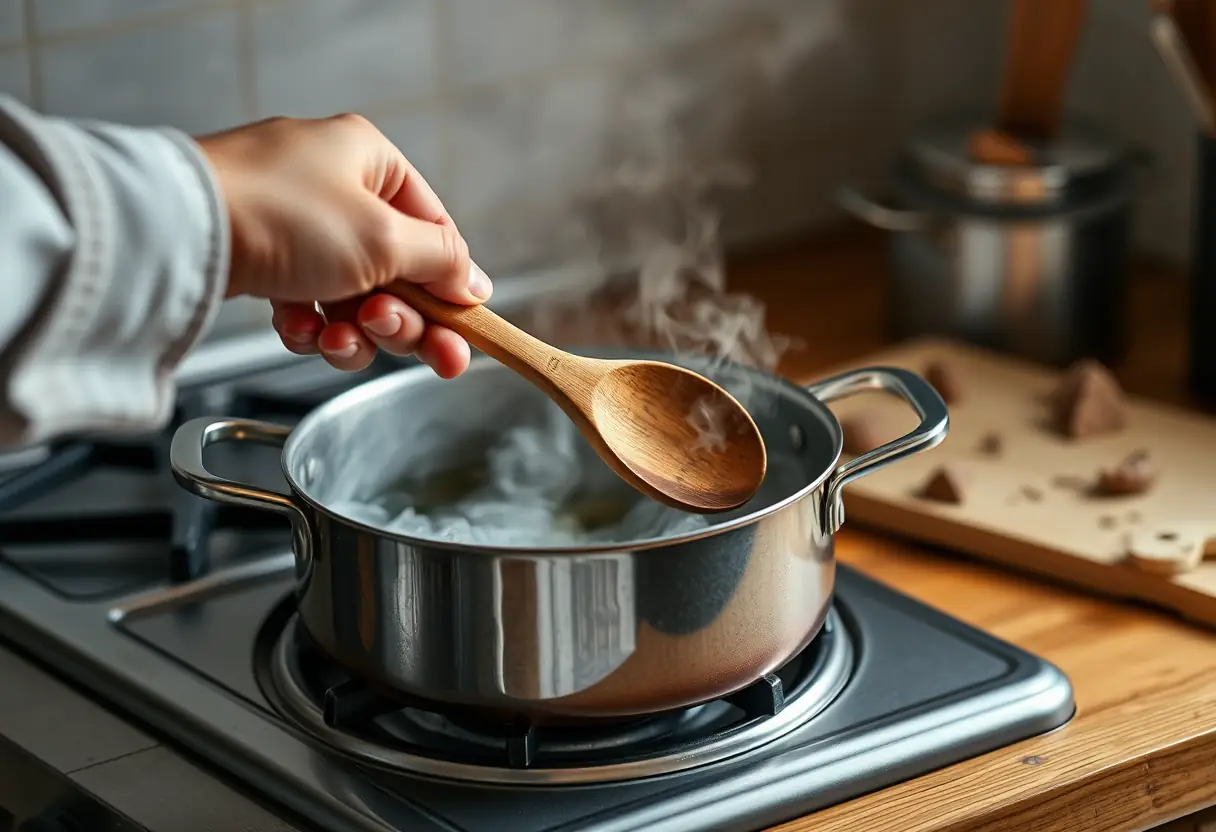 Une main tenant une cuillère en bois au-dessus d'une casserole sur un fourneau, la vapeur monte doucement, éclairage naturel chaleureux