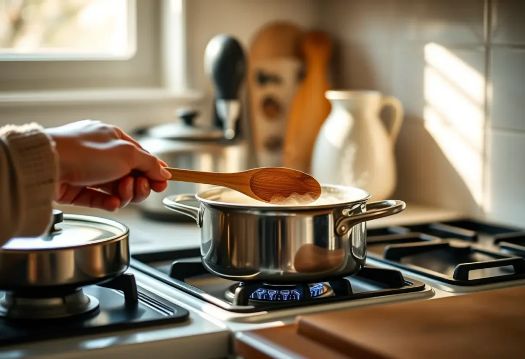 Main dans une cuillère en bois, cuisine chaleureuse, matinée douce