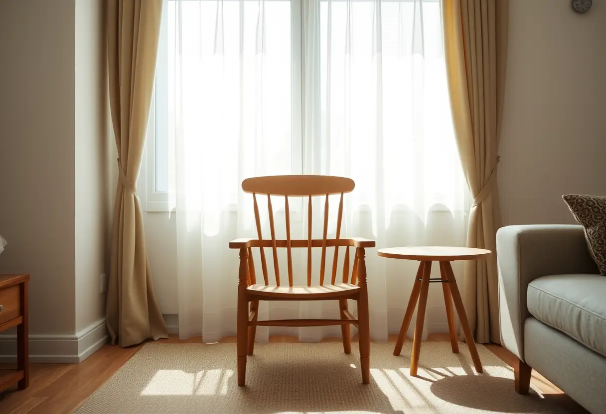 Chaise en bois dans un salon, lumière douce à travers les rideaux