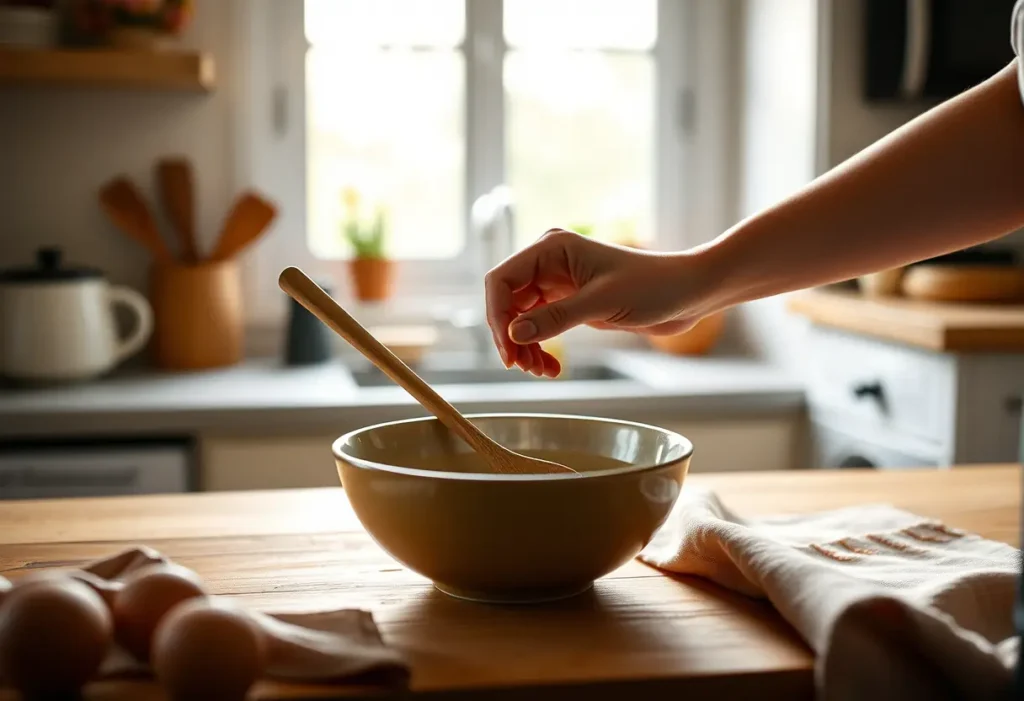 Une main posant délicatement une cuillère en bois dans une casserole en céramique