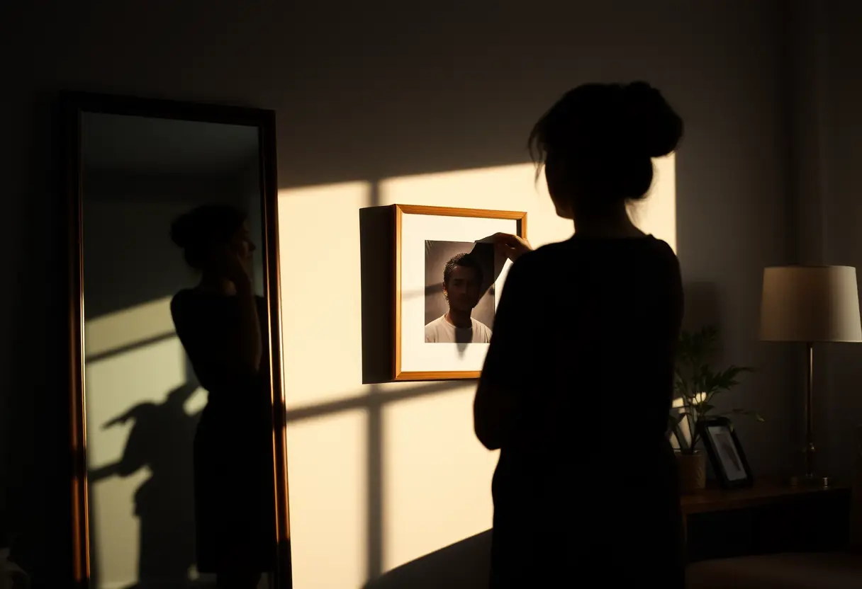 Un profil d’une femme ajustant un cadre accroché au mur dans sa salle de bains