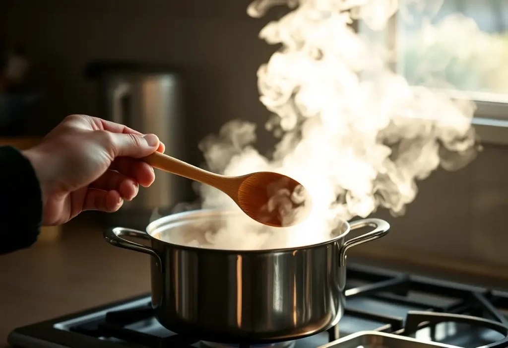 Une main tient une cuillère dans une cuisine, symbolisant le réconfort et la simplicité.