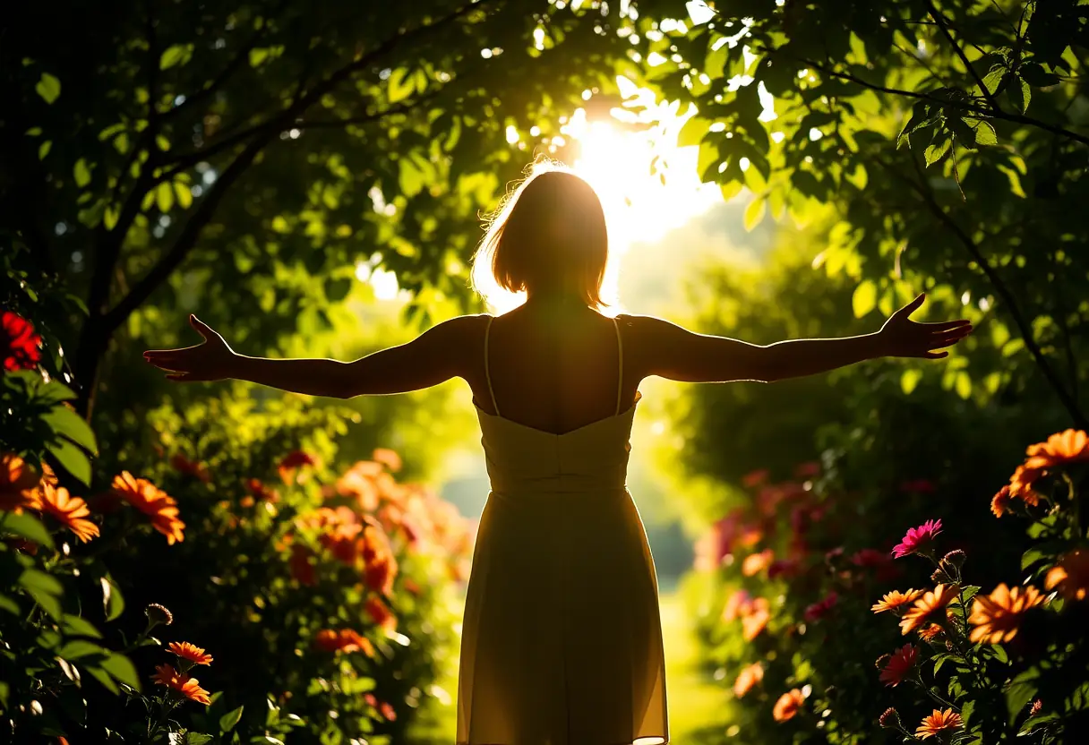 Une femme en silhouette se tient dans un jardin ensoleillé, les bras ouverts, représentant l'acceptation et la sérénité.