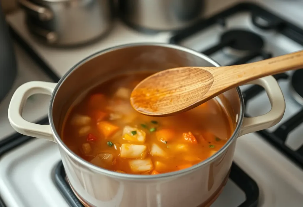 Une cuillère en bois remue une marmite de soupe sur une cuisinière, symbolisant l’effort constant pour nourrir corps et esprit.