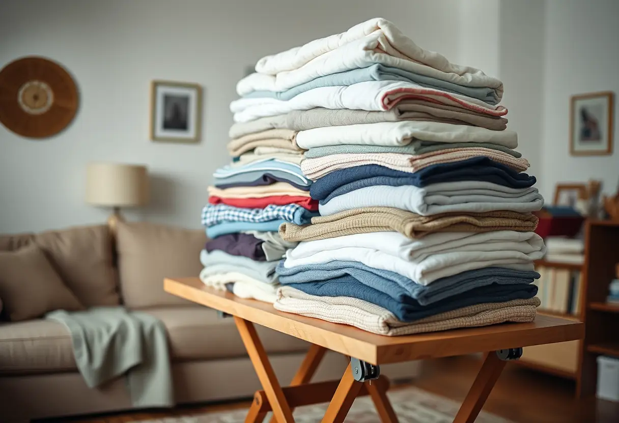 Un tas de linge plié sur une table repliable dans un salon, mettant en lumière le travail invisible de maintenir une maison.