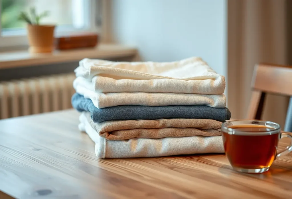 Une pile de lessive pliée sur une table de cuisine, accompagnée d'une tasse de thé, illustrant le besoin de pauses et de soins personnels.