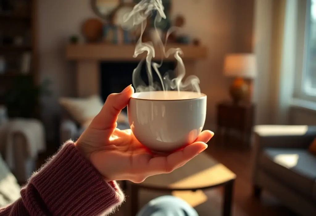 Une main tenant une tasse en porcelaine dans un intérieur chaleureux