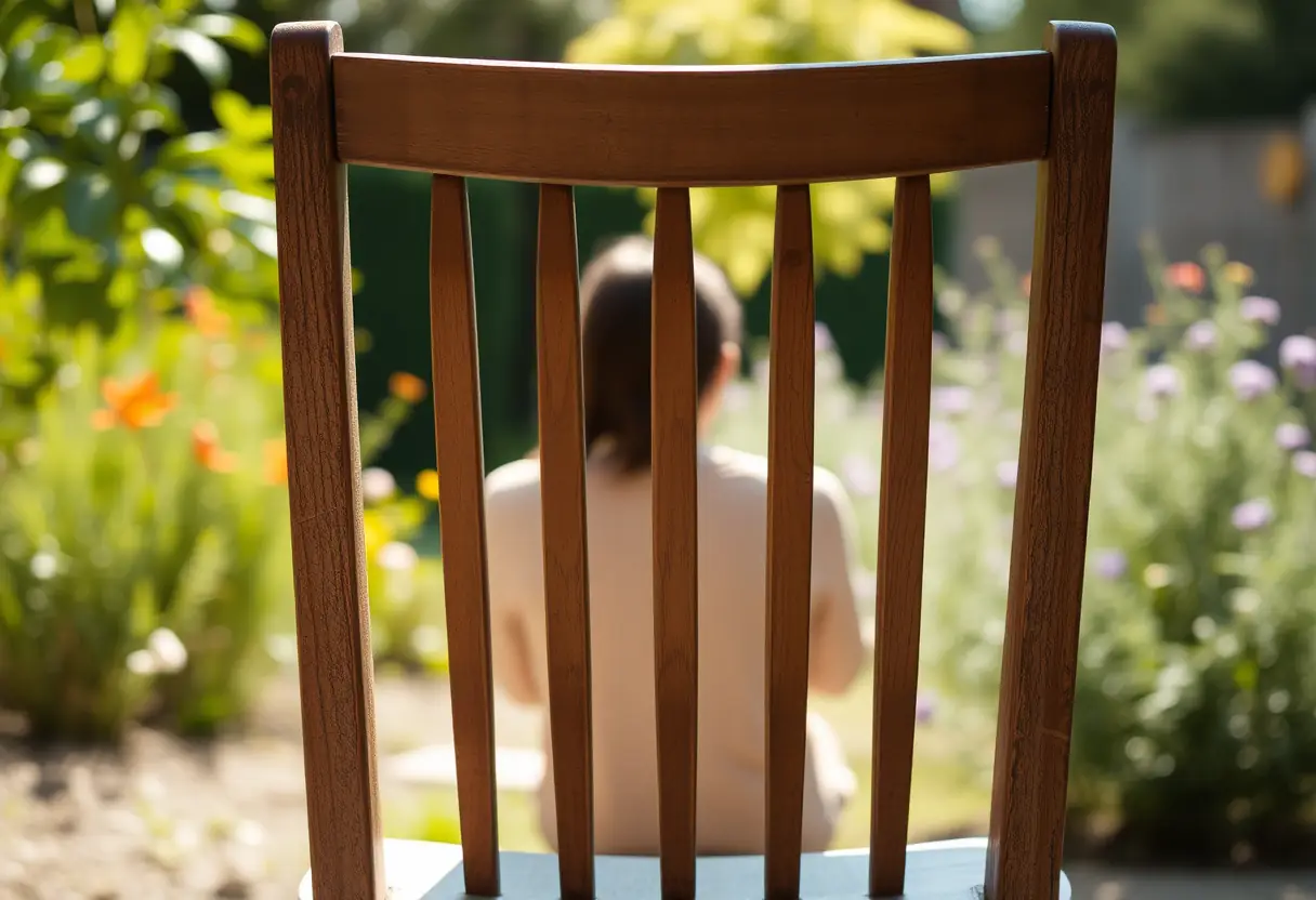 Un fauteuil de jardin sous le soleil, avec une silhouette assise silencieusement