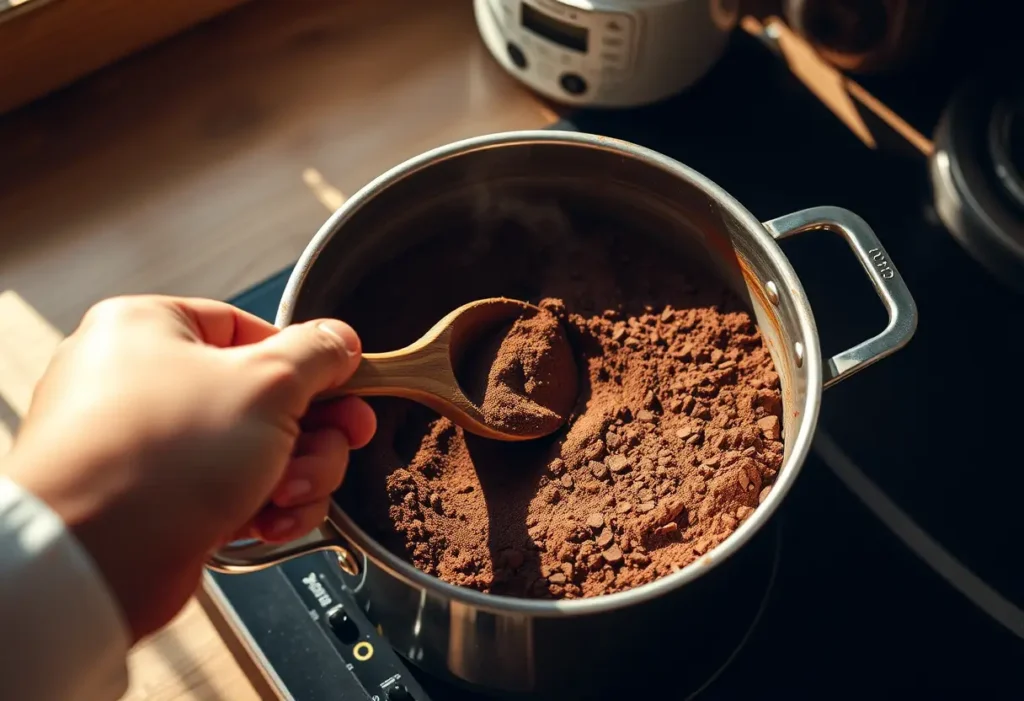 Une main tenant une cuillère en bois qui remue une préparation au cacao dans une casserole, rappelant les bienfaits du chocolat pour la santé