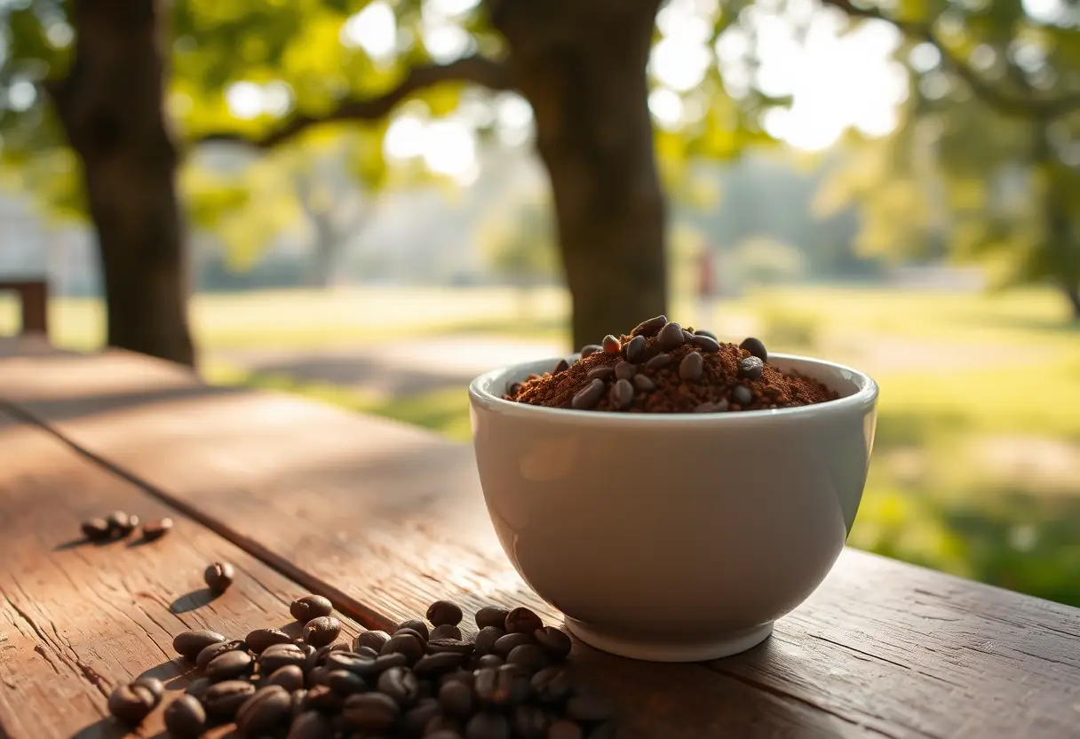 Un plan rapproché d'une tasse contenant du cacao moulu sur une table en bois rustique, mettant en valeur les bienfaits du chocolat pour la santé et le bien-être
