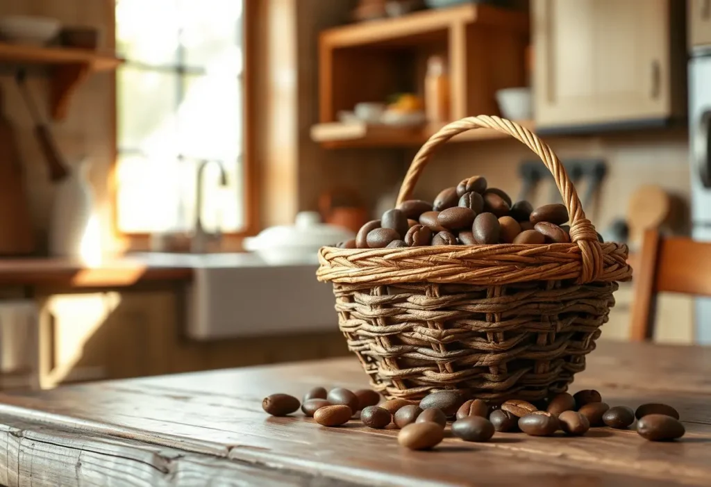 Un panier tressé contient des fèves de cacao bio sur une table en bois