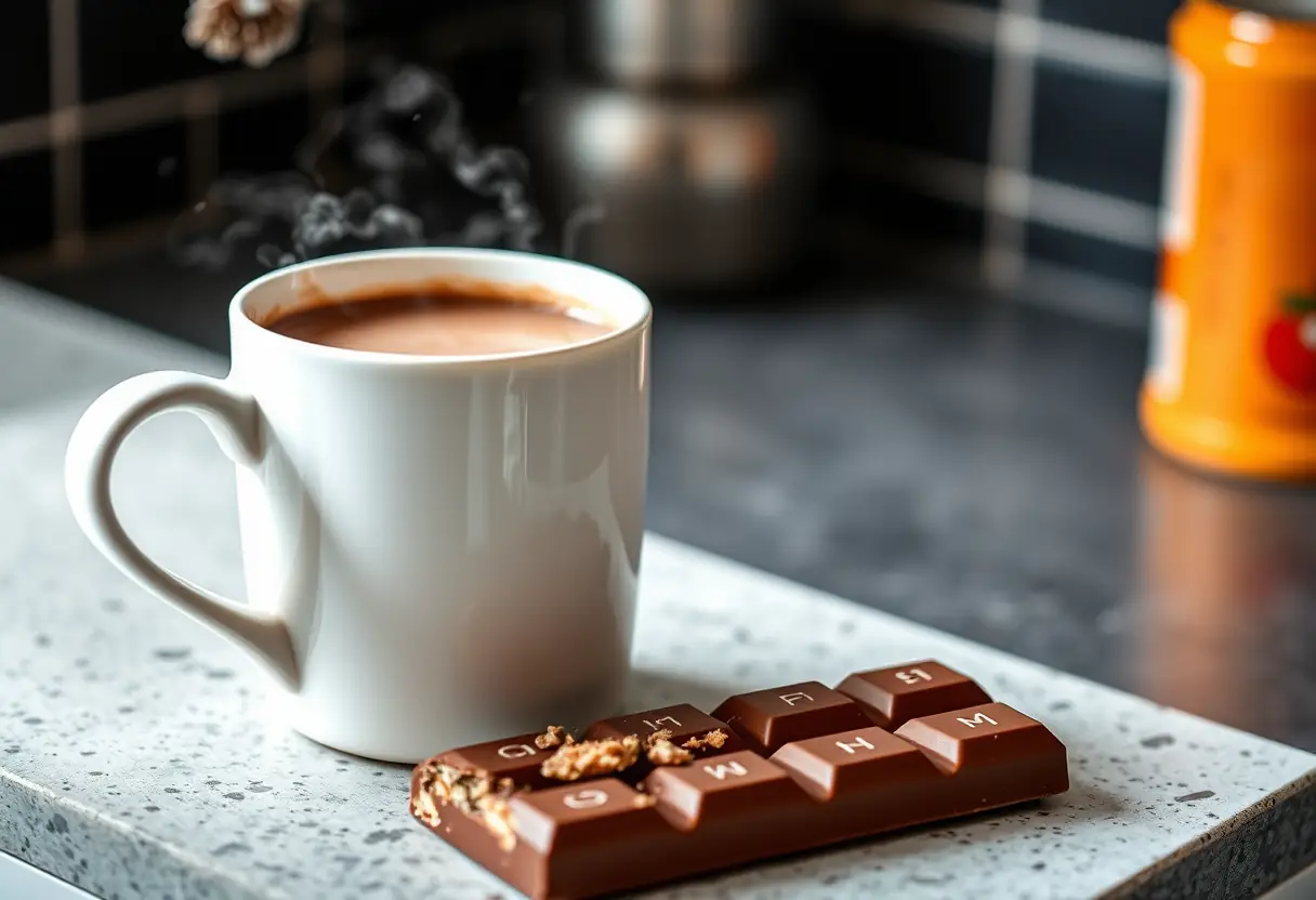 Un plan de travail de cuisine avec une tasse en porcelaine blanche pleine de chocolat chaud, à côté d'une tablette de chocolat entamée