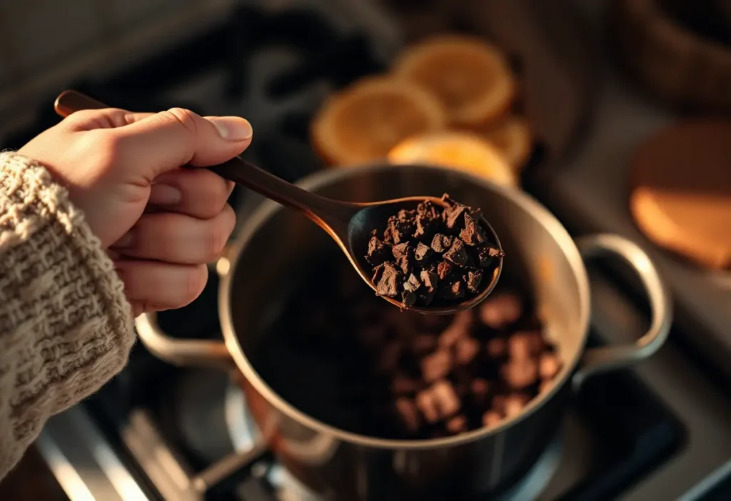 Une main féminine tenant une cuillère en bois avec du chocolat noir en morceaux, près d'une casserole chauffée, éclairée par la lumière tamisée.
