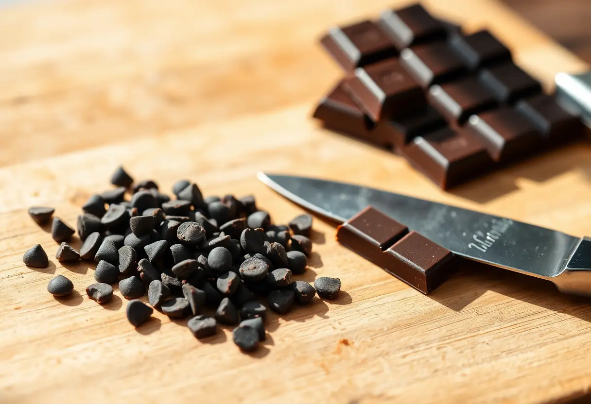 Un plan clos d'un plateau en bois avec des copeaux de chocolat noir et un couteau entamant une tablette de chocolat, éclairé par une lumière douce.