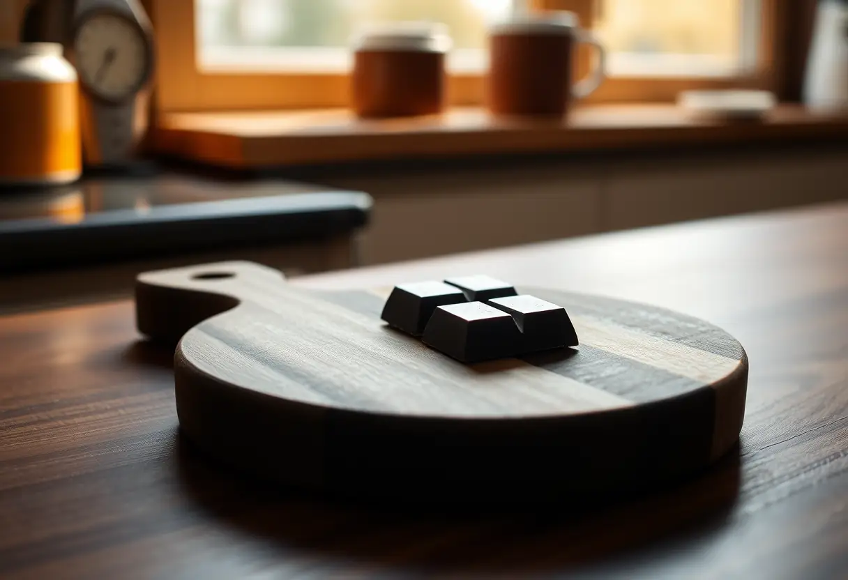 Un plateau en bois avec une tablette de chocolat noir
