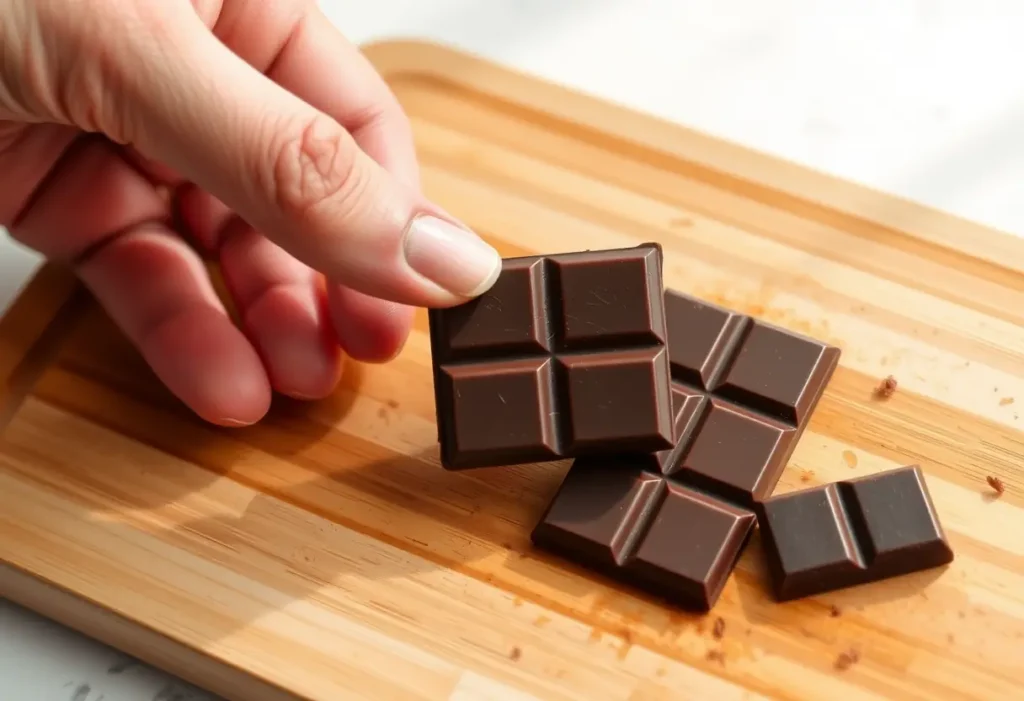 Une main tenant une tablette de chocolat noir posée sur un plan de travail en bois