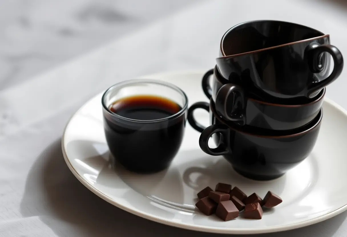 Un plateau de porcelaine blanc supportant une pile de tasses noires, l’une légèrement penchée révélant une boisson sombre à l’intérieur