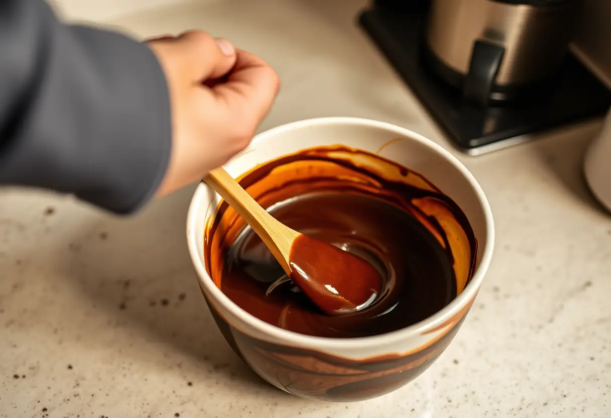 Une main tenant une cuillère en bois qui remue du chocolat fondu dans une cuisine, lumière douce