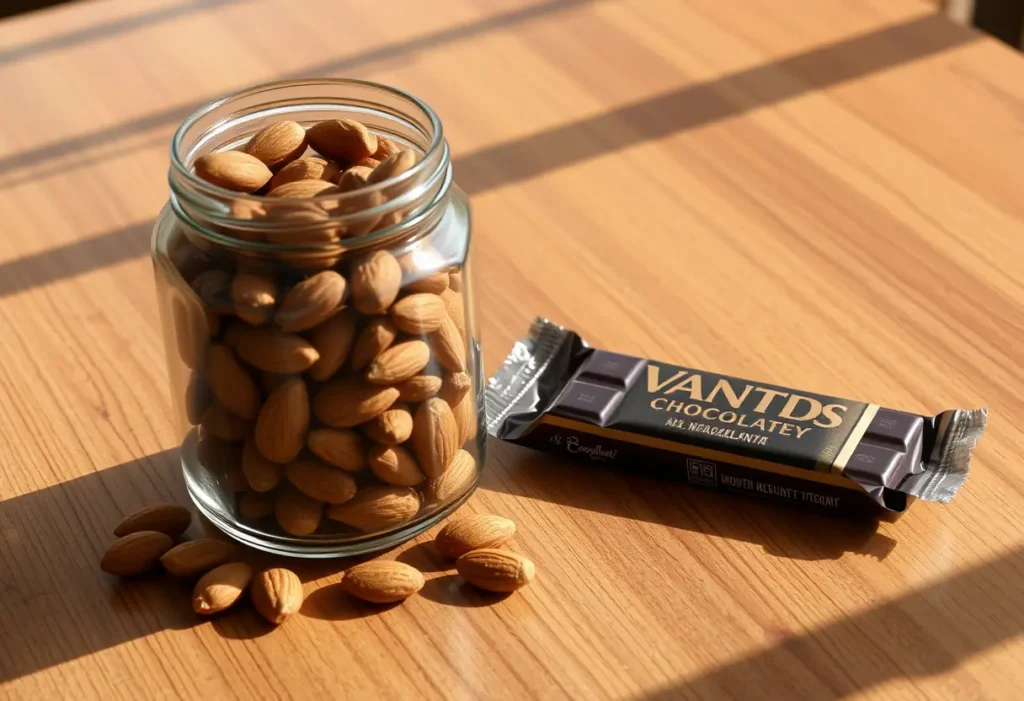 Un bocal en verre contenant des amandes grillées et une tablette de chocolat 99% sur une table de cuisine
