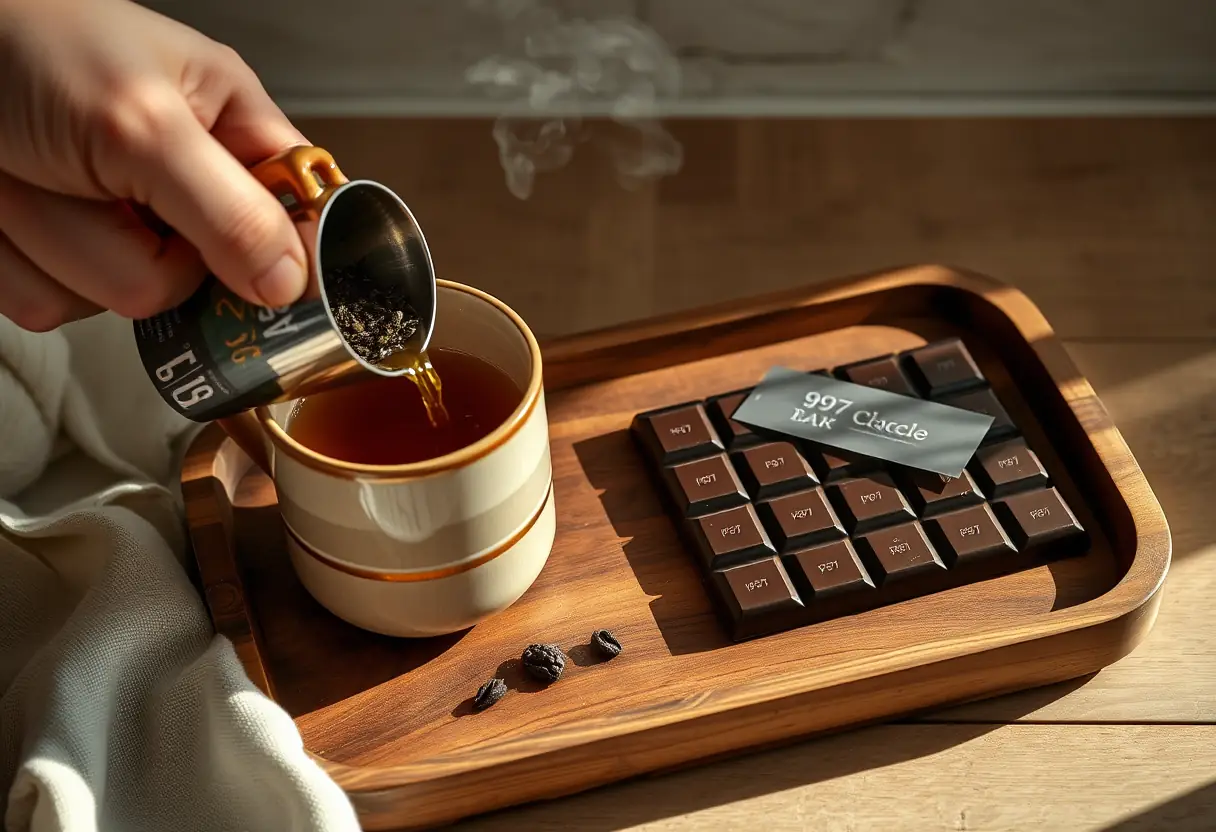 Une main verse du thé dans une tasse près d’une tablette de chocolat 99% sur un plateau en bois rustique