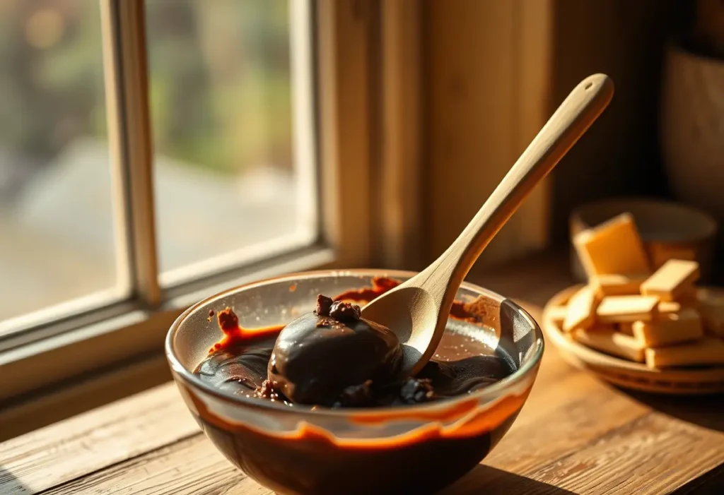 Cuillère en bois mélangeant du chocolat cru, lumière naturelle chaude