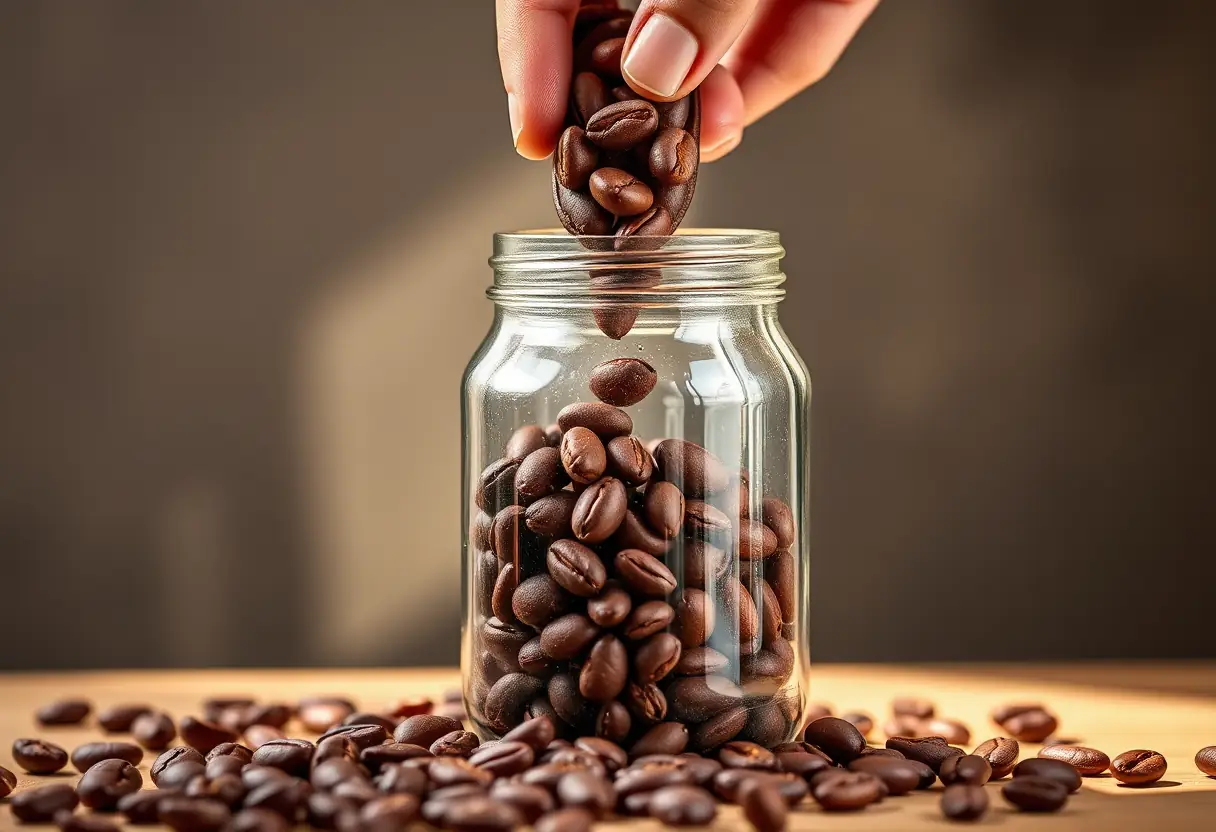 Mains versant des fèves de cacao cru dans un bocal en verre, éclairées par la lumière du jour